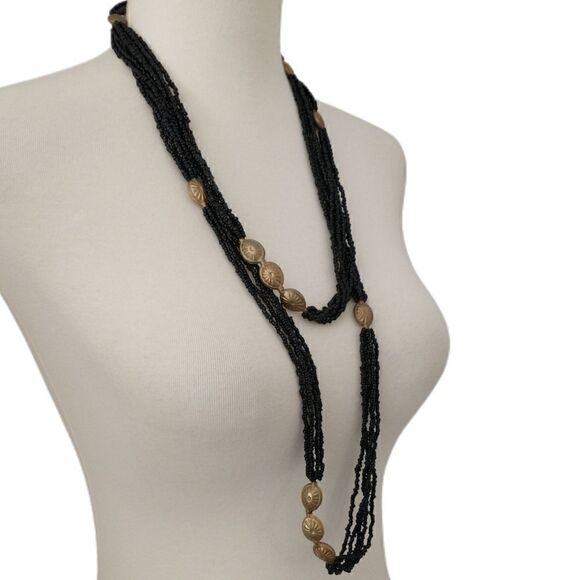 Multi Strand Beaded Necklace LONG 60" Black Seed Beads Brass Colored Stations - Picture 8 of 16